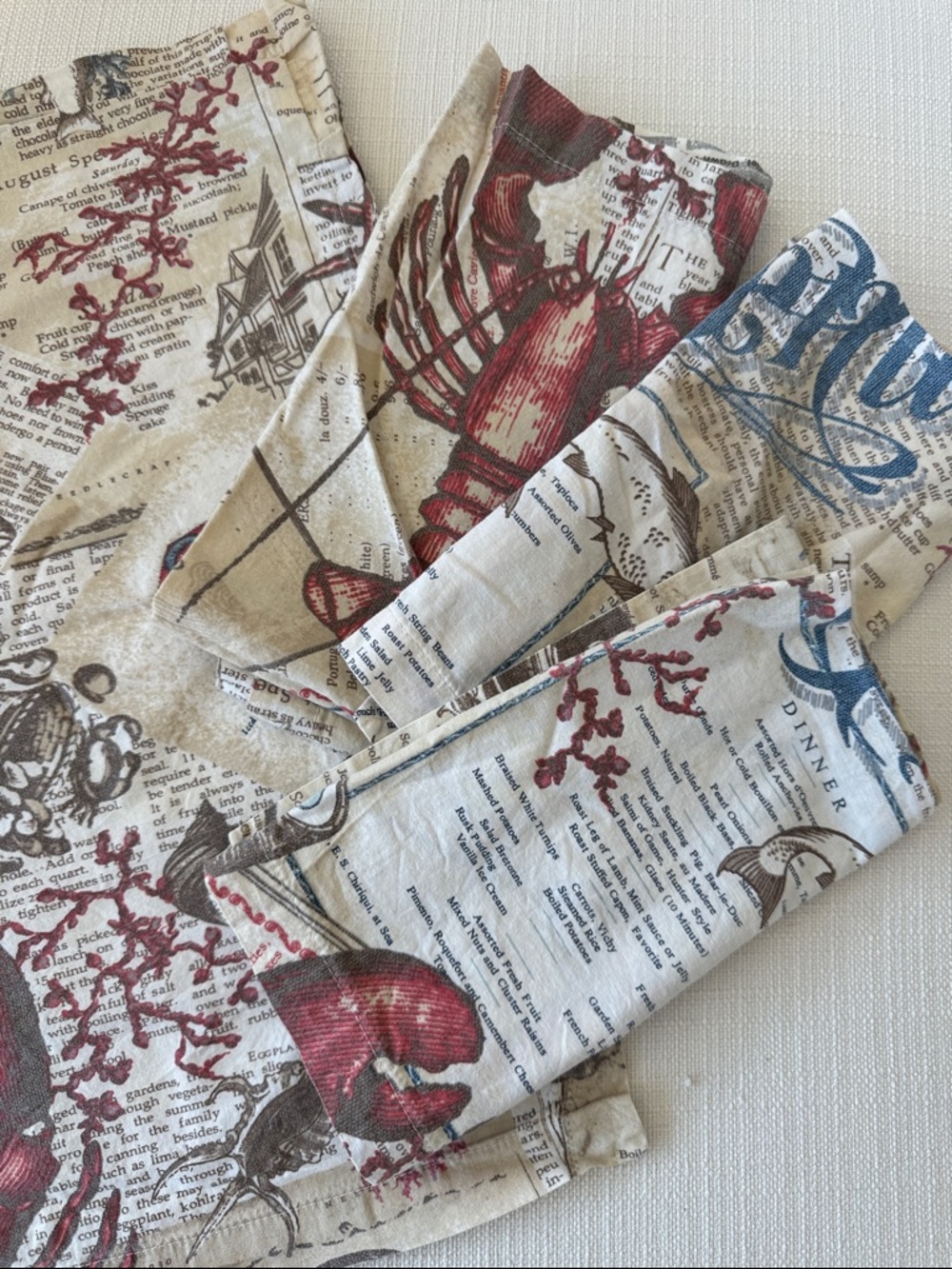 Pottery Barn Nautical Seafood Print Napkin in Red, Blue & Natural 20x20